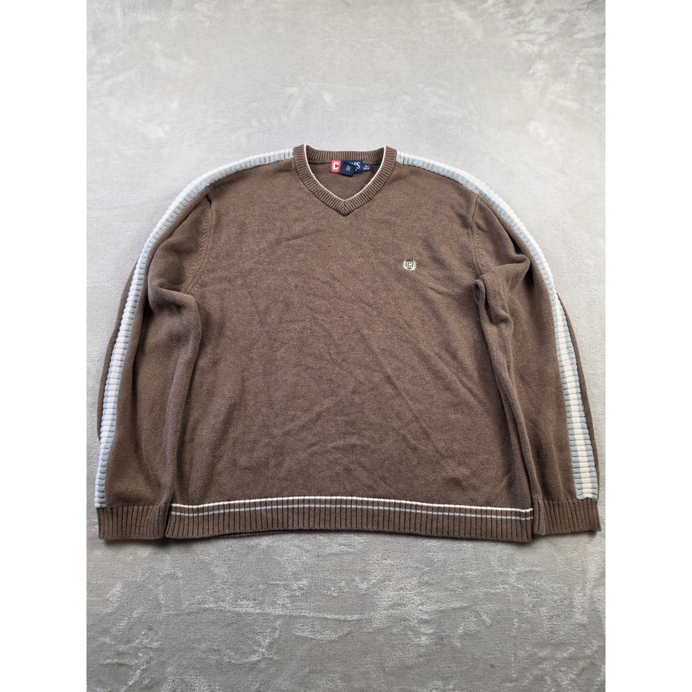 Chaps V-Neck Sweater Mens XL Brown Striped Sleeve Cotton Pullover Boxy Fit